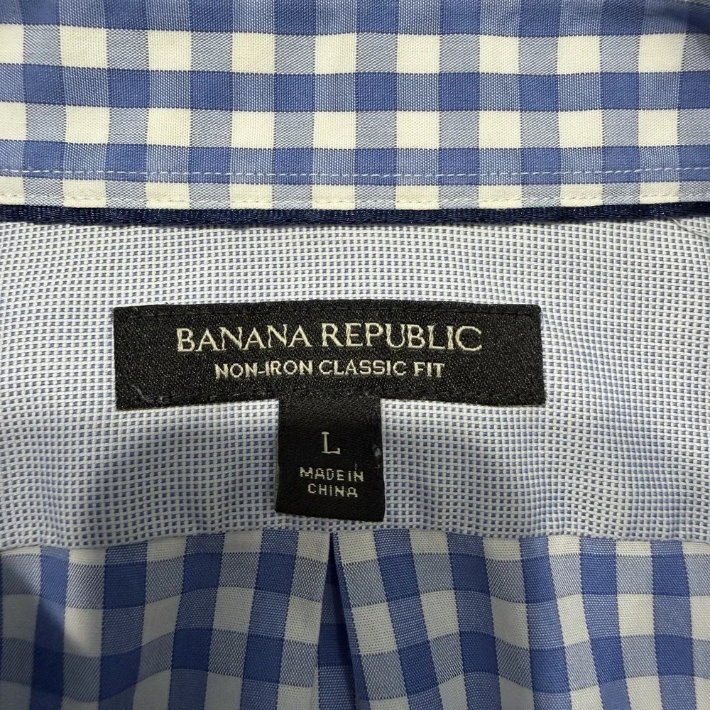 Banana Republic L Non Iron Classic‎ Fit Blue Gingham Dress Shirt